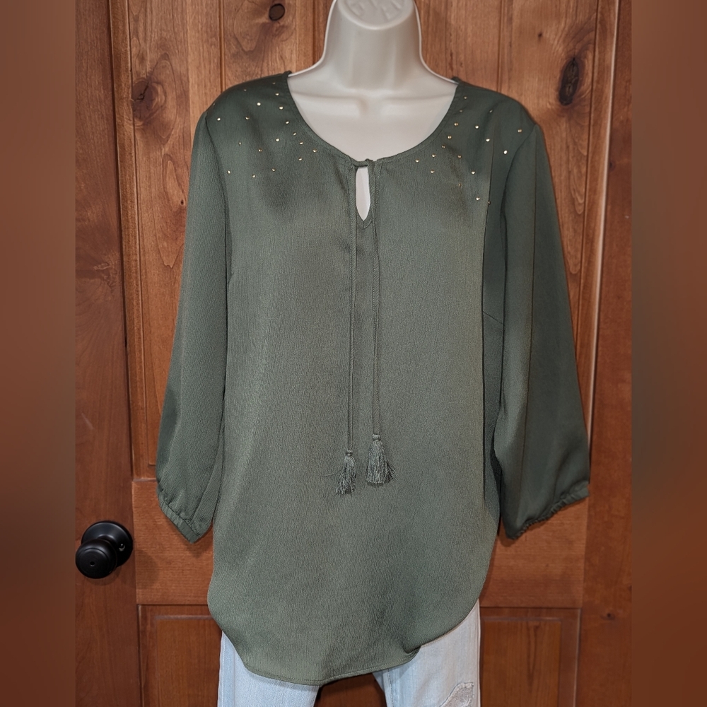 Christopher & Banks Olive Green‎ Blouse with Tassels